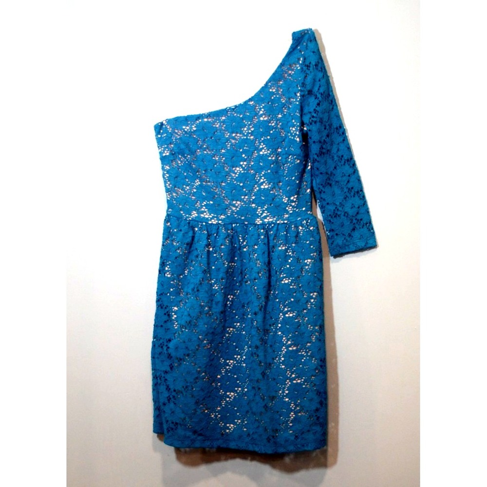 Prevett Size M Turquoise Open Lace Mini Dress Peach Lining One Shoulder HOCO